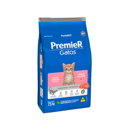 Ração Premier Pelos Longos Salmão Ambientes Internos Gatos Filhotes 7,5kg
