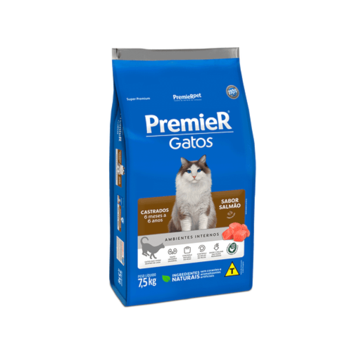 Ração Premier Salmão A.I Gatos Adultos Castrados 6 meses a 6 anos 7,5kg
