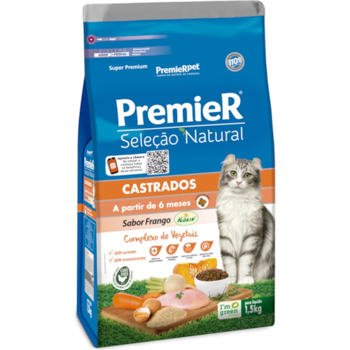 Ração Premier Seleção Natural Frango Gatos Adultos Castrados 1,5kg