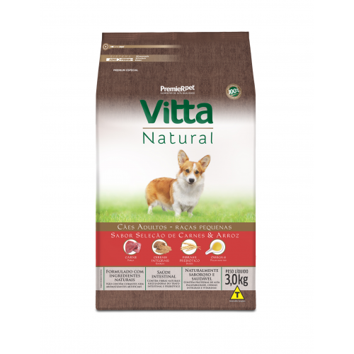 Ração Vitta Natural Carne e Arroz Cães Adultos Raças Pequenas 3kg