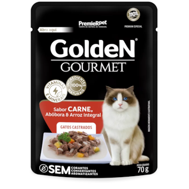 Sachê Golden Gourmet Carne Gatos Adultos Castrados 70g