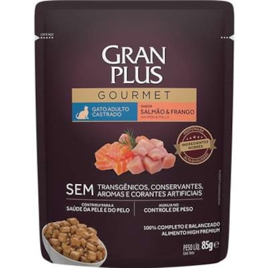Sachê Gran Plus Gourmet Frango e Salmão Gatos Adultos Castrados 85g
