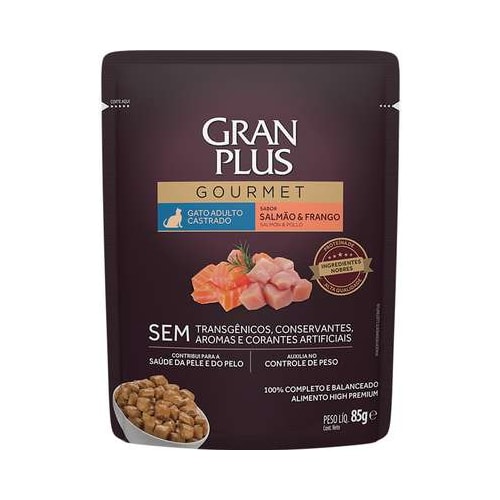 Sachê Gran Plus Gourmet Frango e Salmão Gatos Adultos Castrados 85g