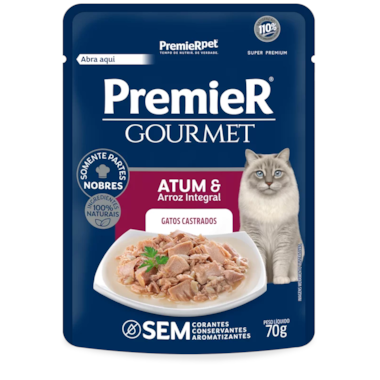 Sachê Premier Gourmet Atum Arroz Integral Gatos Adultos Castrados 70g