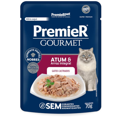 Sachê Premier Gourmet Atum Arroz Integral Gatos Adultos Castrados 70g